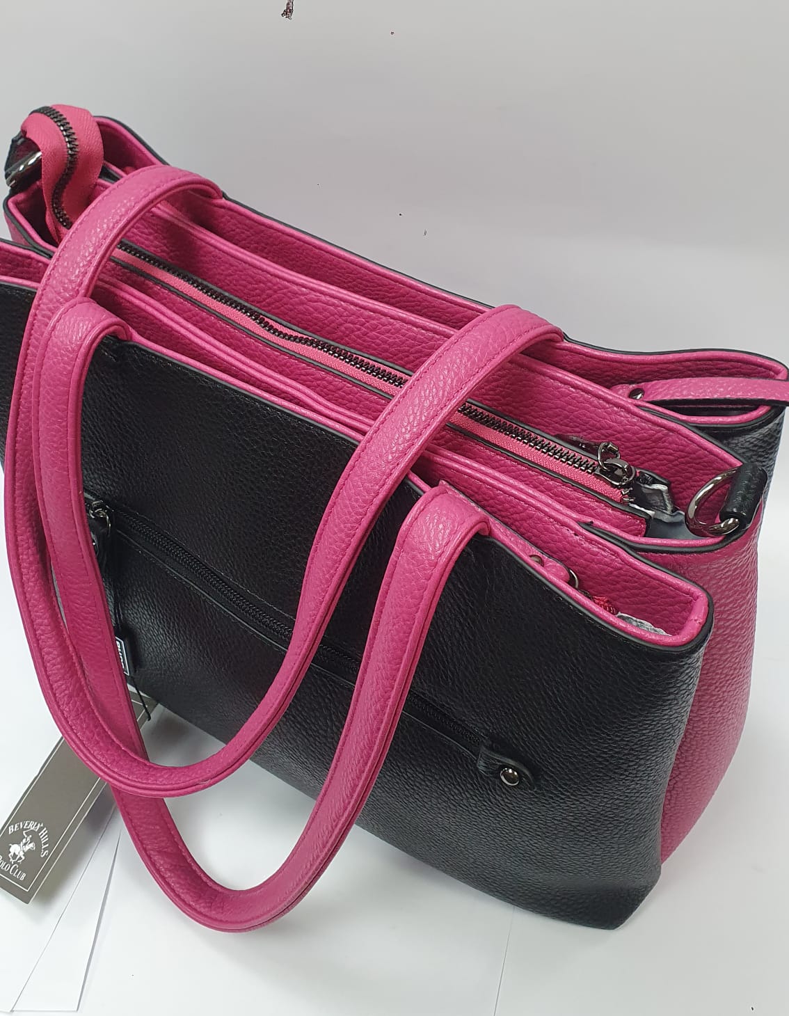 borsa donna di beverly hills polo club bh-3930 nero/ cuoio/ nero e fuxia