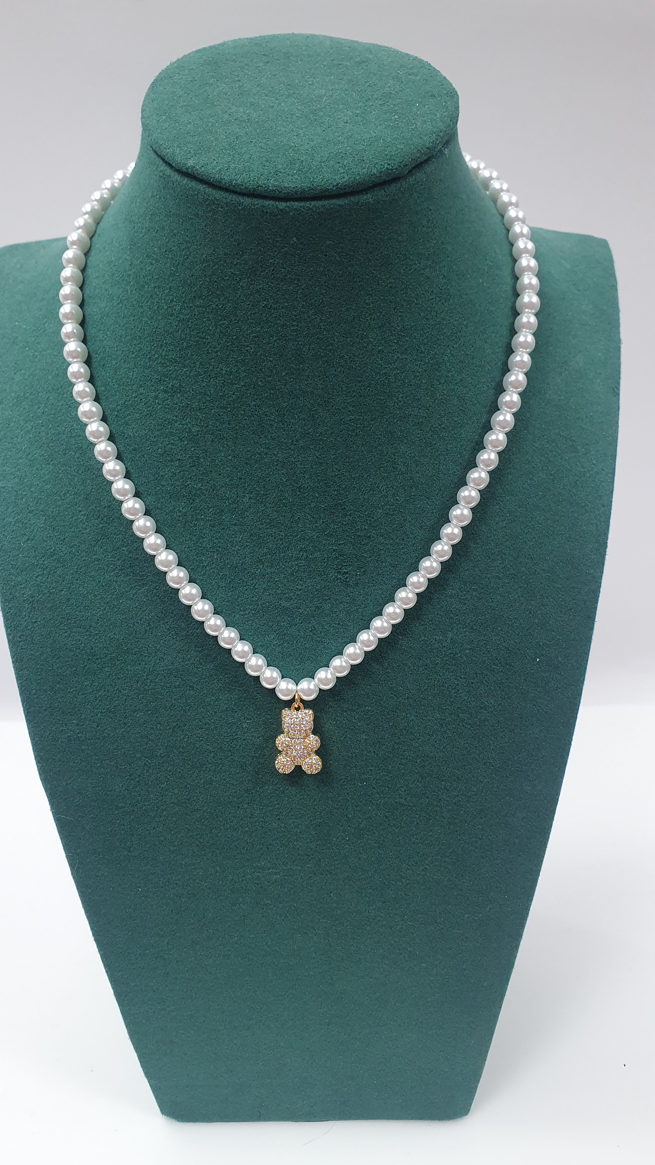 Collana di perle con ciondolo trik bijoux orso/ fiocco/  cuore/ angelo/ quadrifoglio