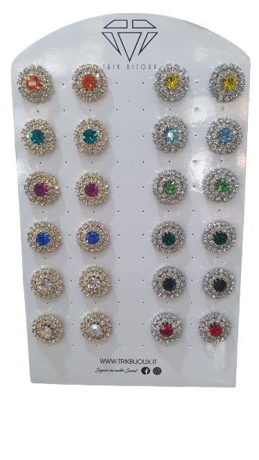orecchini donna di trik bijoux di forma rotonda con cristalli colorati arancio/giallo/ verde acqua/ azzurro/ fucsia/ verde chiaro/ blu/ verde scuro/nero/ rosso/ cristallo/ boreale