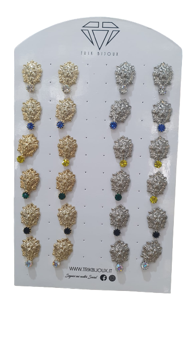 Orecchini donna di trik bijoux testa di leone oro/ argento con cristallo pendente colorato