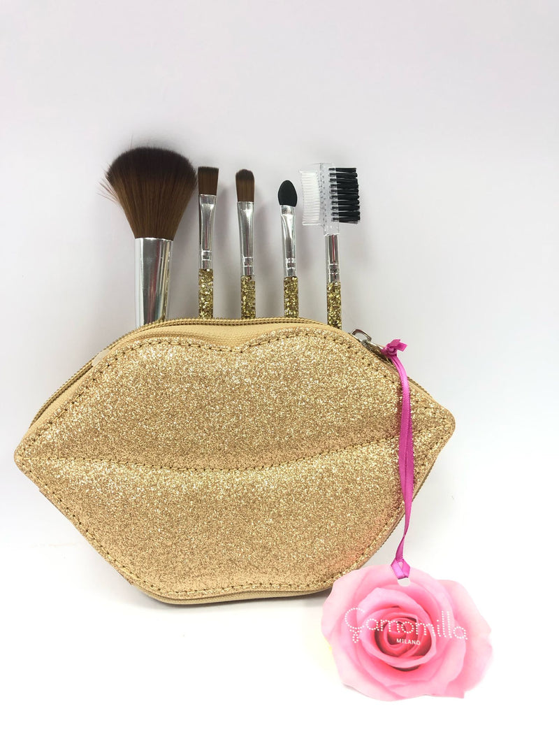 Camomilla milano set pennelli trucco pochette labbra  oro/ rosso/ viola
