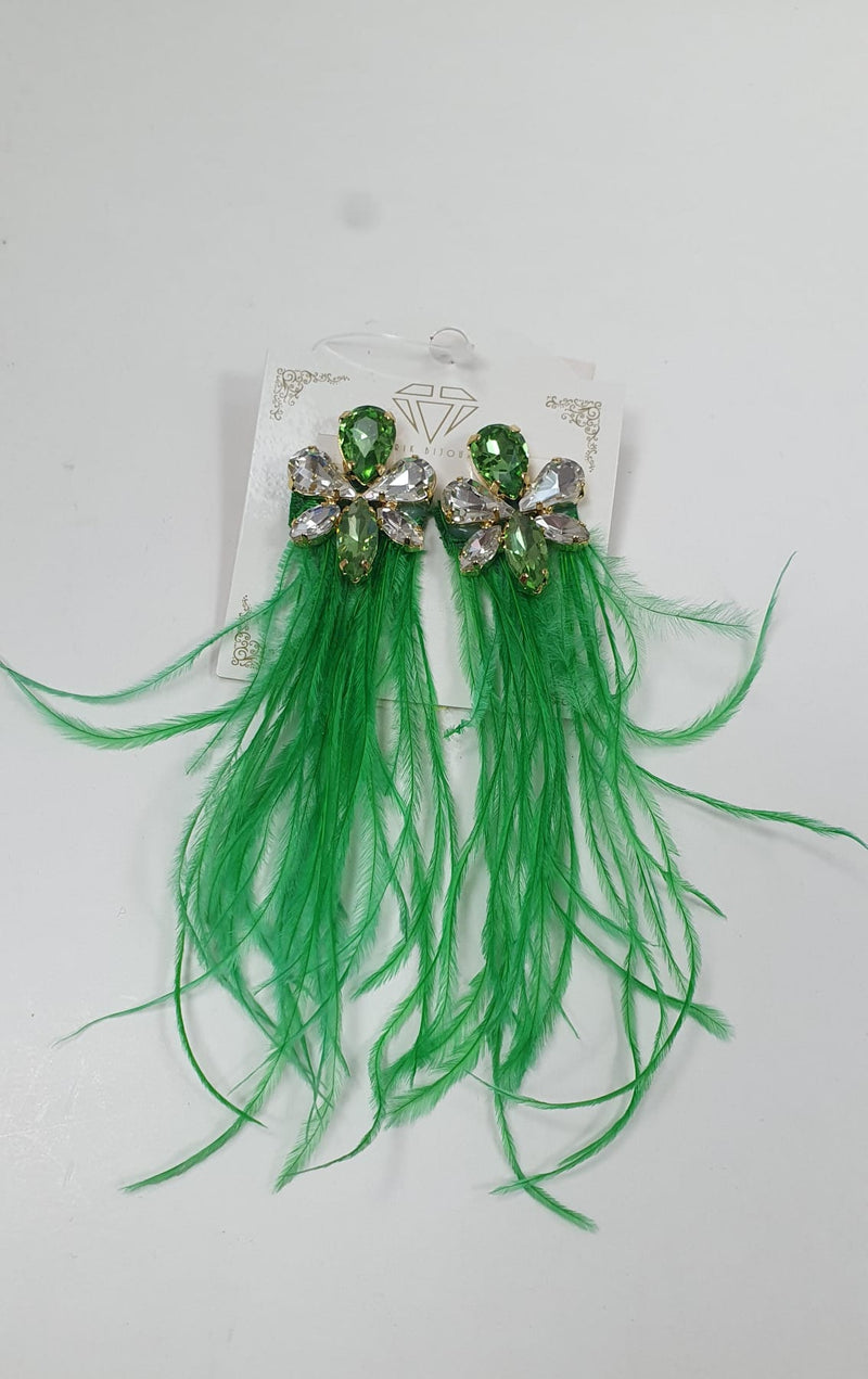 orecchini pendenti con piuma e cristallo piccolo di trik bijoux verde/ blu/ nero/ lilla