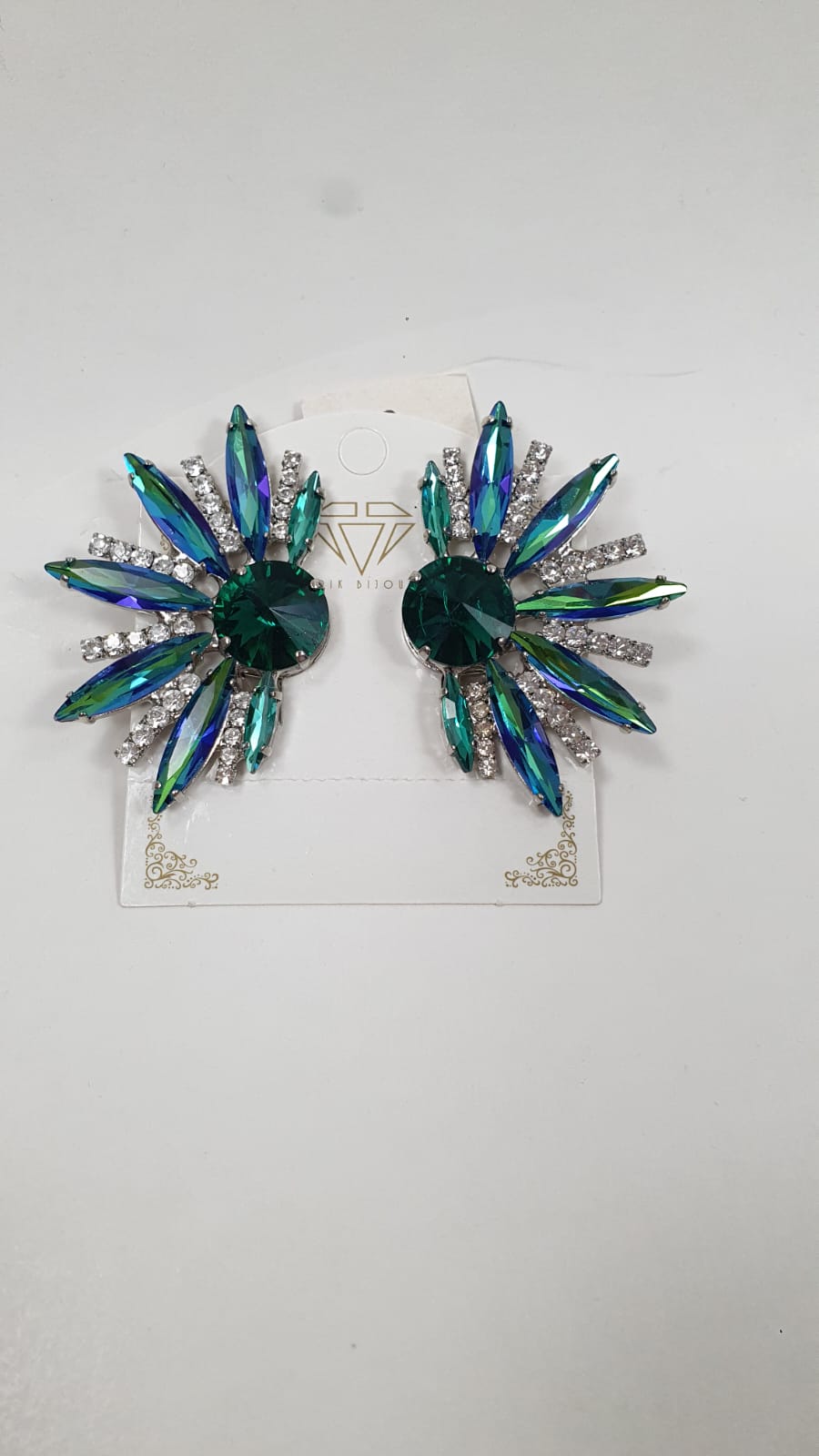 coordinato orecchini e bracciale di trik bijoux foglia ad ago verde-blu / fucsia