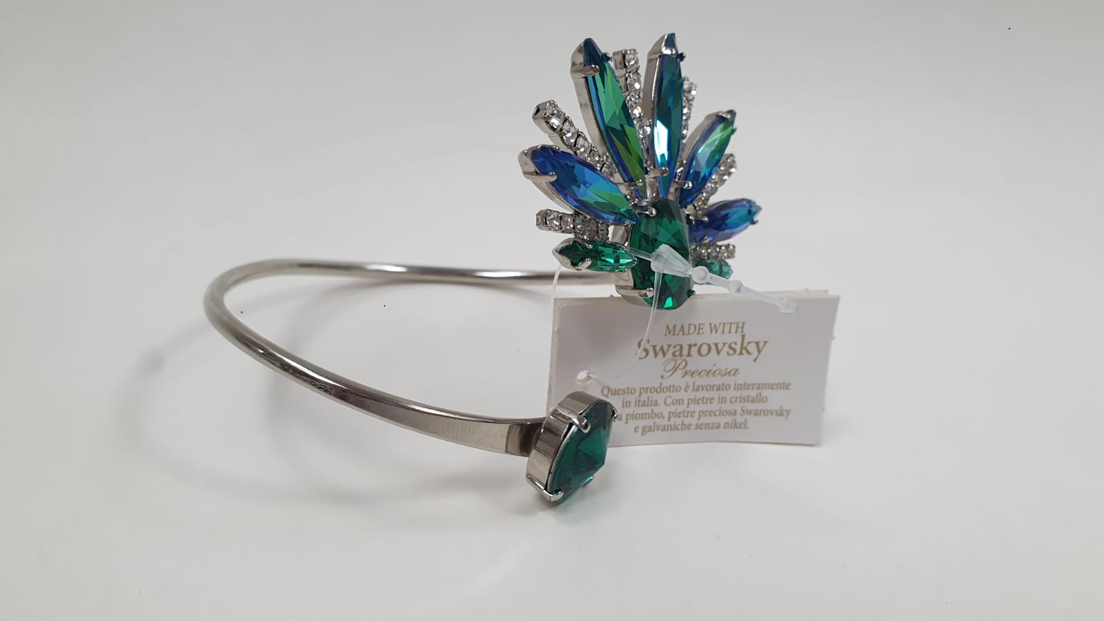 coordinato orecchini e bracciale di trik bijoux foglia ad ago verde-blu / fucsia