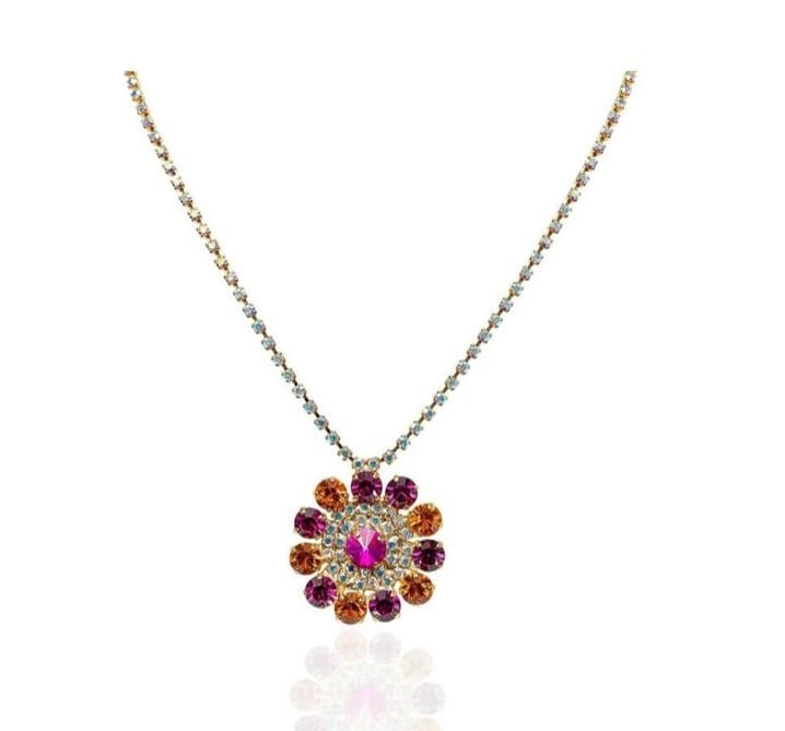 coordinato di orecchini e collana di trik bijoux forma rotonda arancio/ azzurro