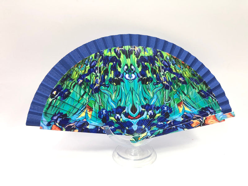 Ventaglio grande fantasia fiori blu made in italy