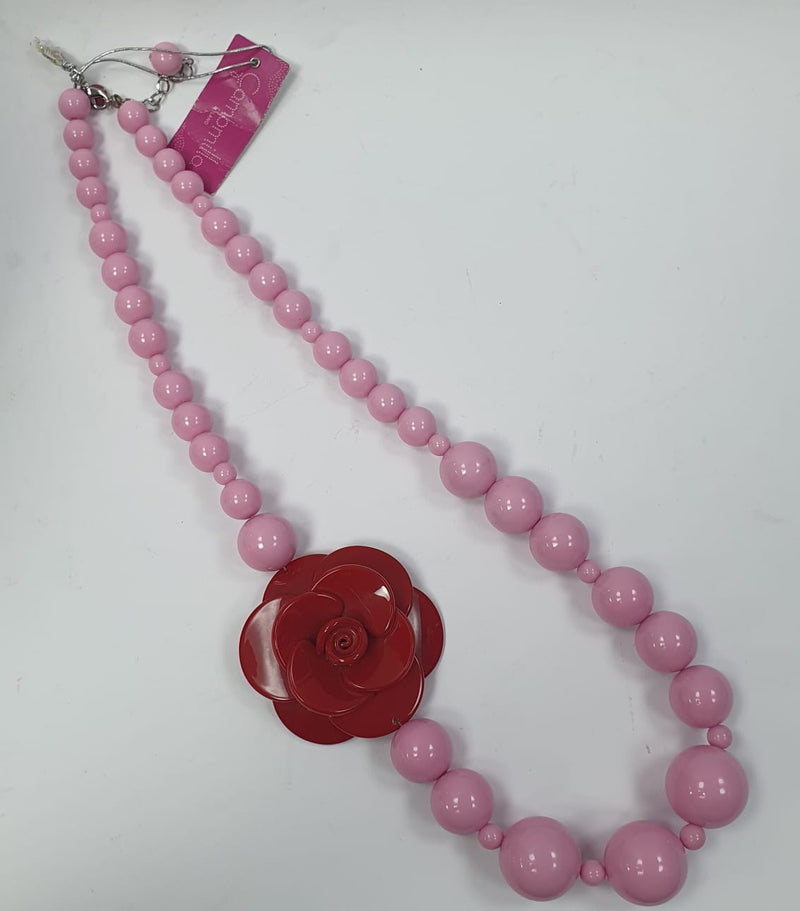 Collana lunga Camomilla in rosa con fiore rosso art. 05536BJ