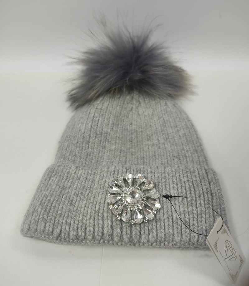 Cappello donna bianco/ grigio di trik bijoux con applicazione in swarovsky a forma di fiore