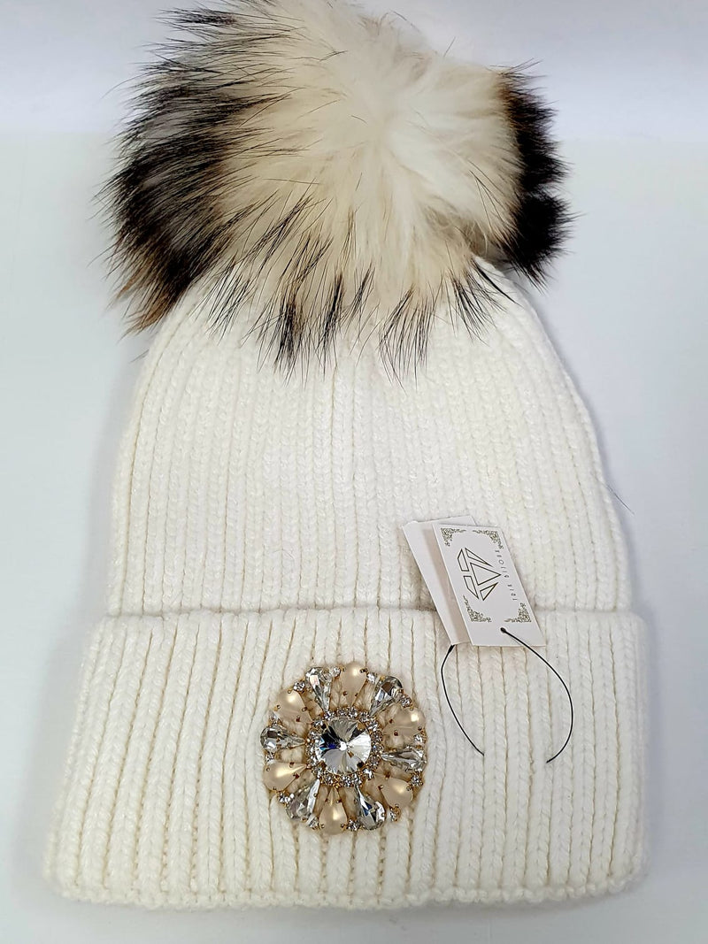 Cappello donna bianco/ grigio di trik bijoux con applicazione in swarovsky a forma di fiore