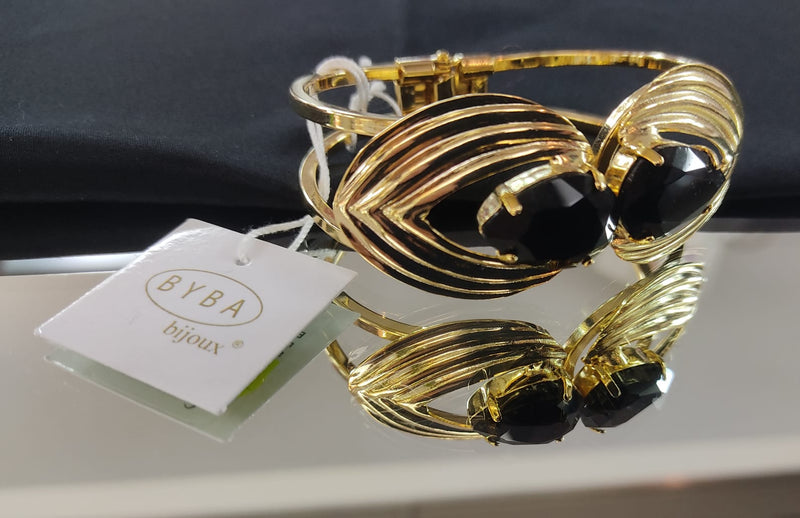 Bracciale donna di byba bijoux rigido montatura oro e cristallo nero/ verde