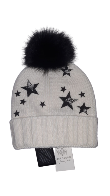 Cappello Pon Pon Donna TIRABASSO - Stelle Nere Bianco - 80TRB0255