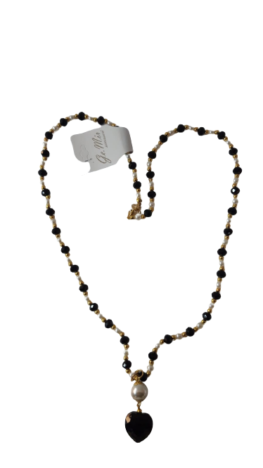 Collana di Perle con Ciondolo di Cuore Nero GEMIR - Pearl Necklace with Black Heart