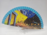 Ventaglio made in Italy con paesaggio azzurro/blu/ arancio