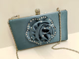 Borsa CERIMONIA DONNA clutch con strass e rosa in rilievo BLU COBALTO