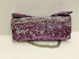 Borsa cerimonia paiettata con contrasto viola ed argento con catena