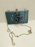 Borsa CERIMONIA DONNA clutch con strass e rosa in rilievo BLU COBALTO